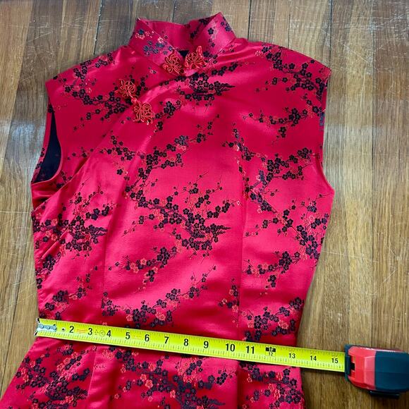 Vintage 1980s Chinese Brocade Cheongsam Dress Red/Black Satin Silk with Slip - Picture 14 of 16
